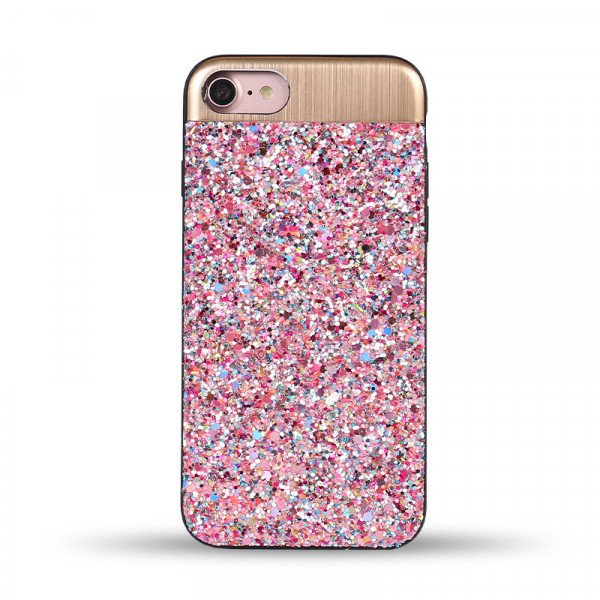 Wholesale iPhone 8 / 7 Sparkling Glitter Chrome Fancy Case with Metal Plate (Pink)